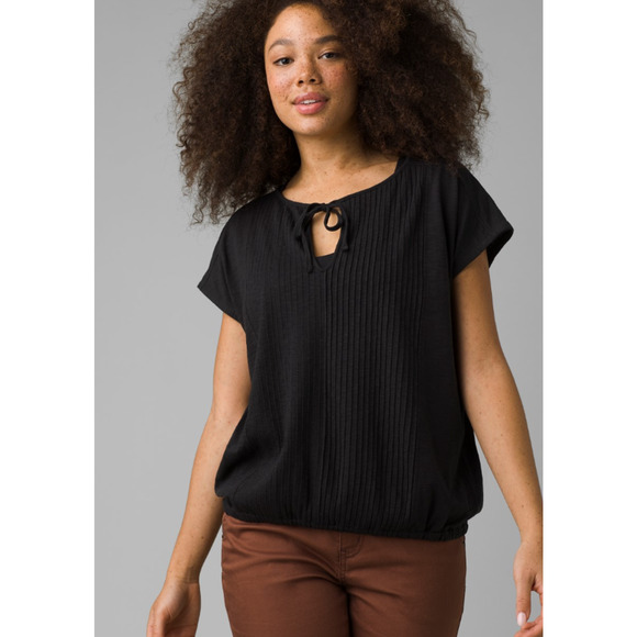 PRANA Women's Ocupas Popover Top Small Black Pintuck Short Sleeve NWT - Picture 1 of 10